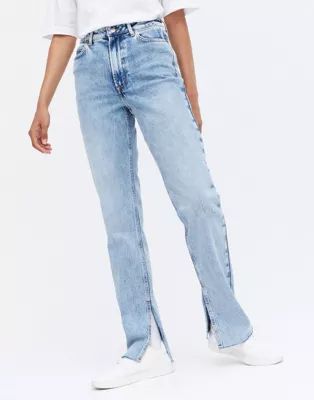New Look split hem straight leg jeans in light blue | ASOS (Global)