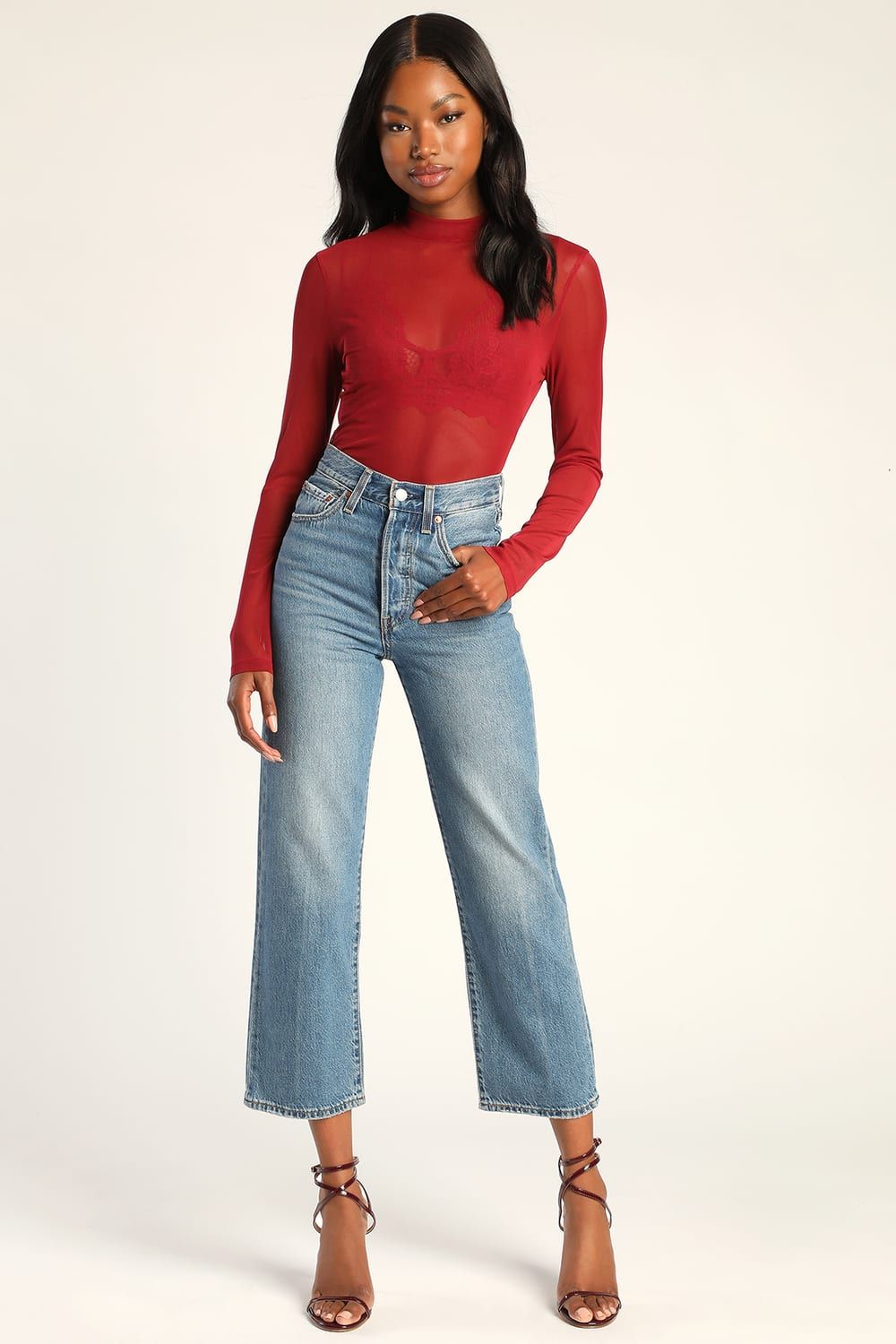 The Mesh is Yet to Come Red Mesh Mock Neck Long Sleeve Top | Lulus (US)