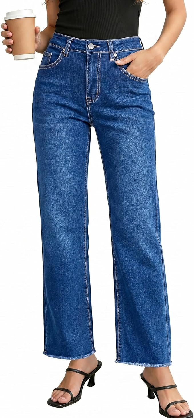 GRAPENT Straight Leg Jeans for Women High Waisted Stretchy Frayed Raw Hem Loose Denim Pants Casua... | Amazon (US)