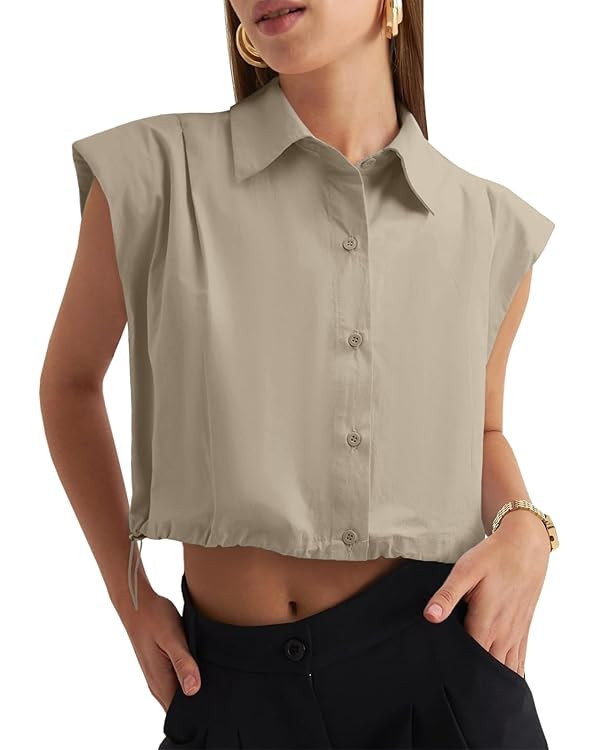 Tankaneo Womens Sleeveless Button Down Shirts Casual Loose V Neck Pad Shoulder Crop Tank Top | Amazon (US)