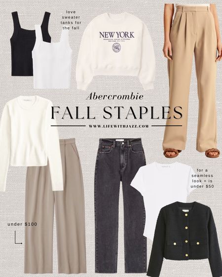 Abercrombie Fall Staples - 20% off during LTK sale! 

•sloane tailored trousers - a classic comfortable work pant available in a ton of colors 
•crepe trousers - a more elegant / elevated trouser 
•seamless bodysuit - I have white and black
•cropped jacket - perfect for fall and winter workwear that isn’t too bulky 
•ultra high rise ankle straight jeans - i wear 25 standard 
•soft crew sweater - I have last years release and it’s a comfy favorite of mine for causal and workwear 

#LTKworkwear #LTKSale #LTKSeasonal