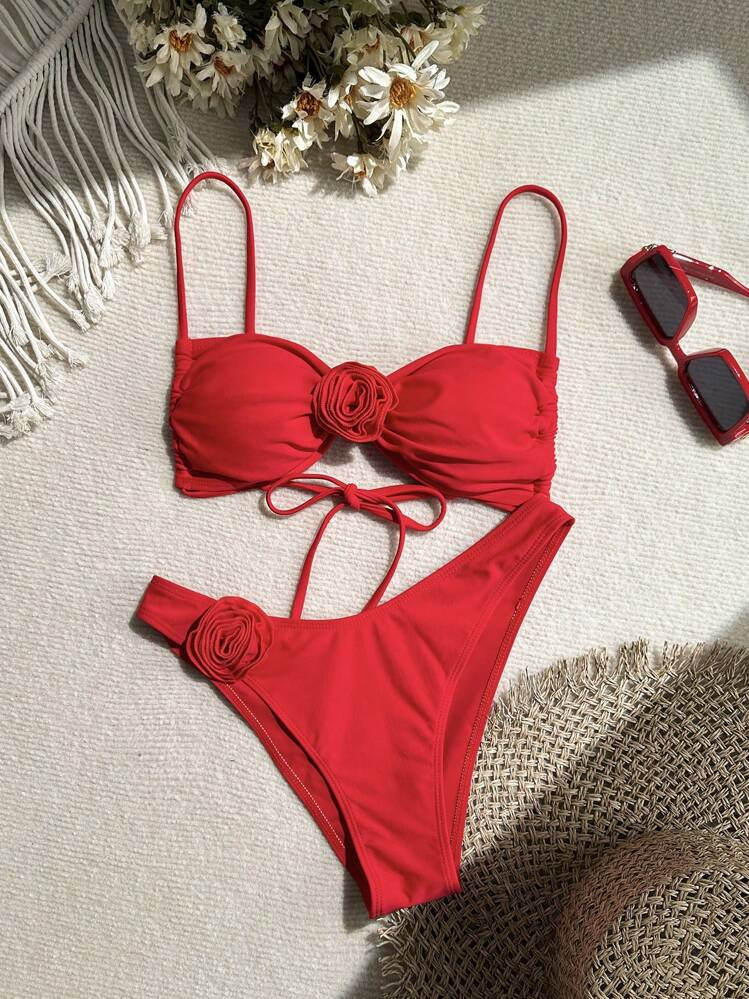 SHEIN Swim 2pcs/Set Women Solid Color Floral Decor Sexy Bikini Set For Beach Holiday 2025 Summer | SHEIN