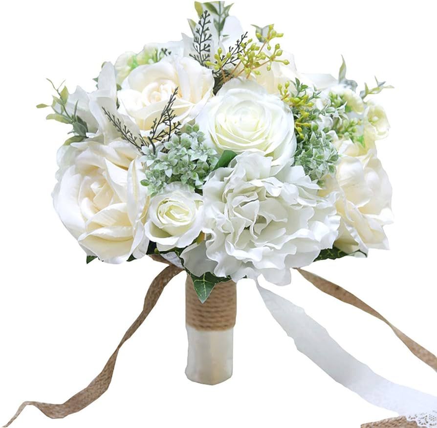 Fiwisora 9.8" Bridal Holding Wedding Bouquet Real-Looking Mixed Flowers Ivory Greenery Bridal Wed... | Amazon (US)