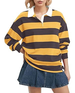 Women Long Sleeve Striped Polo Shirt Oversized Collar Y2k Pullover T Shirt Casual Loose Streetwea... | Amazon (US)