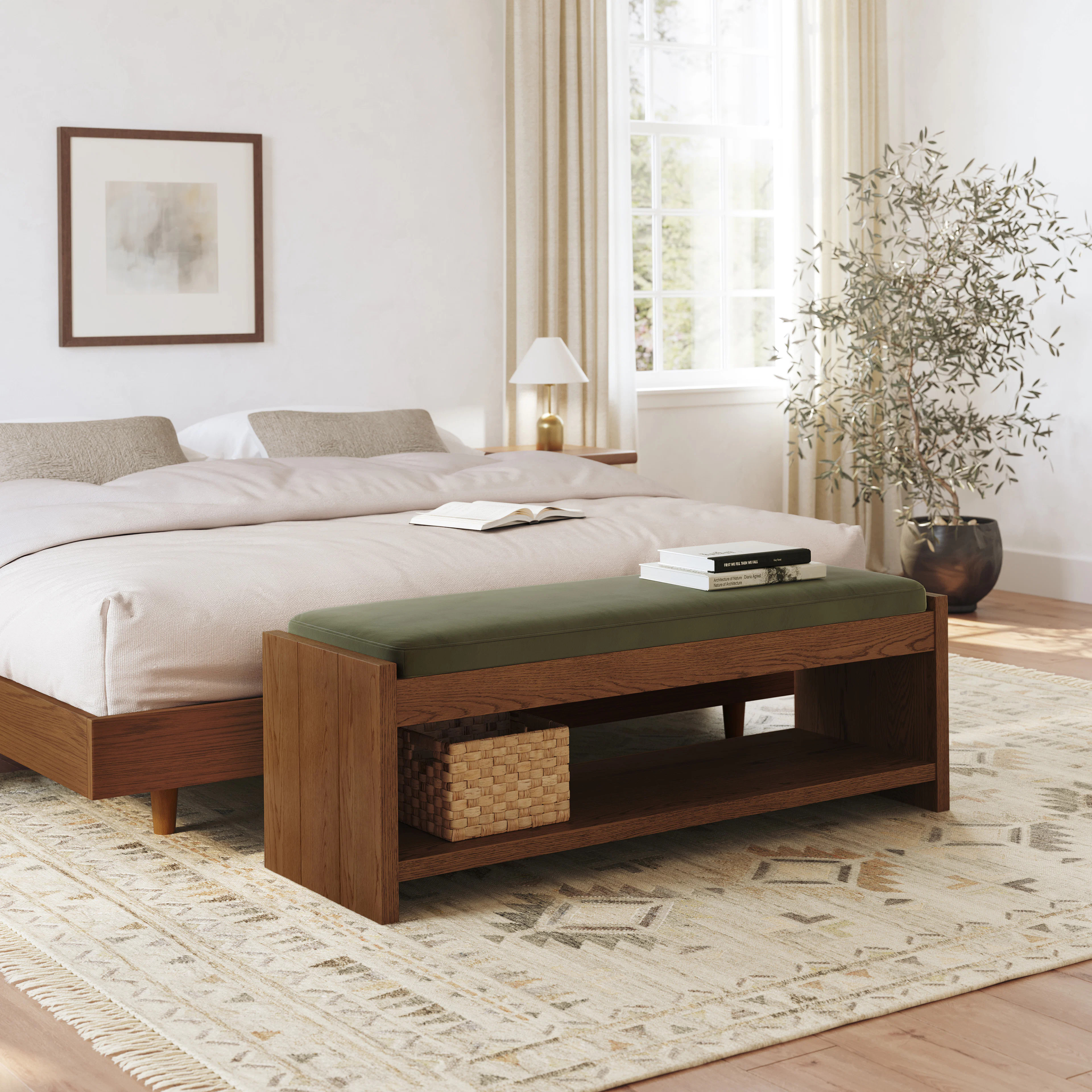 Cassie 56" Velvet Bench - Smoked Oak and Hale Fir Green | Article