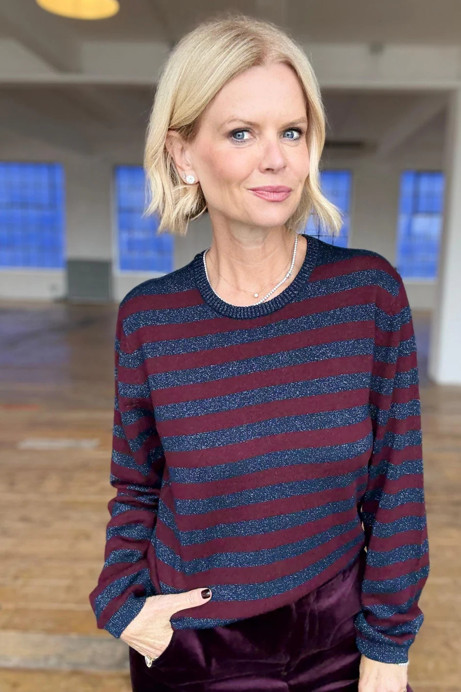 Cath x WYSE Brigitte Jumper - Deep Fig/Midnight Metallic Stripe | WYSE London