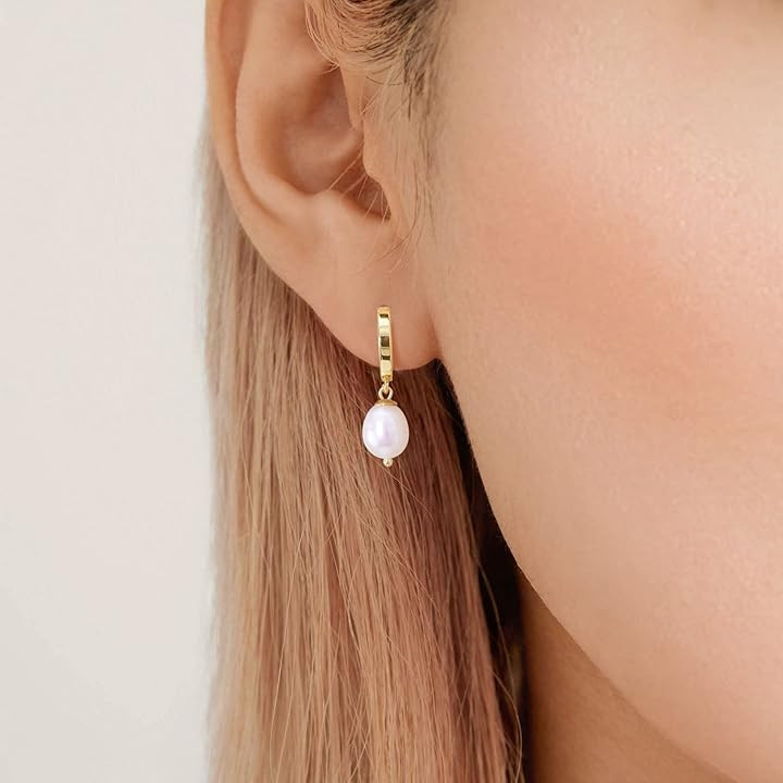 Fiusem Pearl Earrings for Women, 14K Gold Plated Small Hoops Pearl Dangle Earring and Pearl Drop Earring With 925... | Amazon (US)