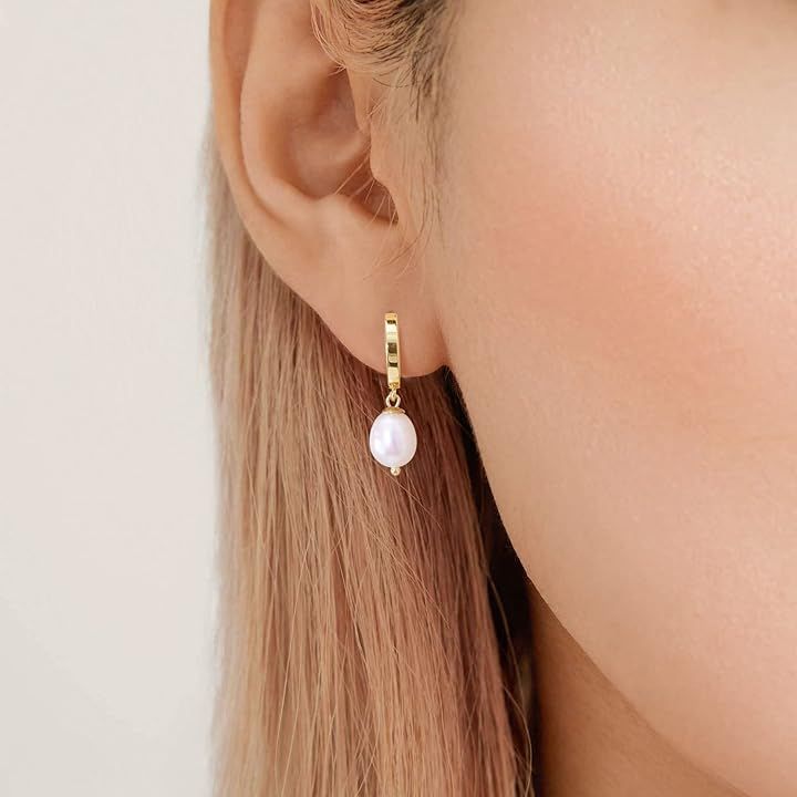 Fiusem Pearl Earrings for Women, 14K Gold Plated Small Hoops Pearl Dangle Earring and Pearl Drop Earring With 925... | Amazon (US)