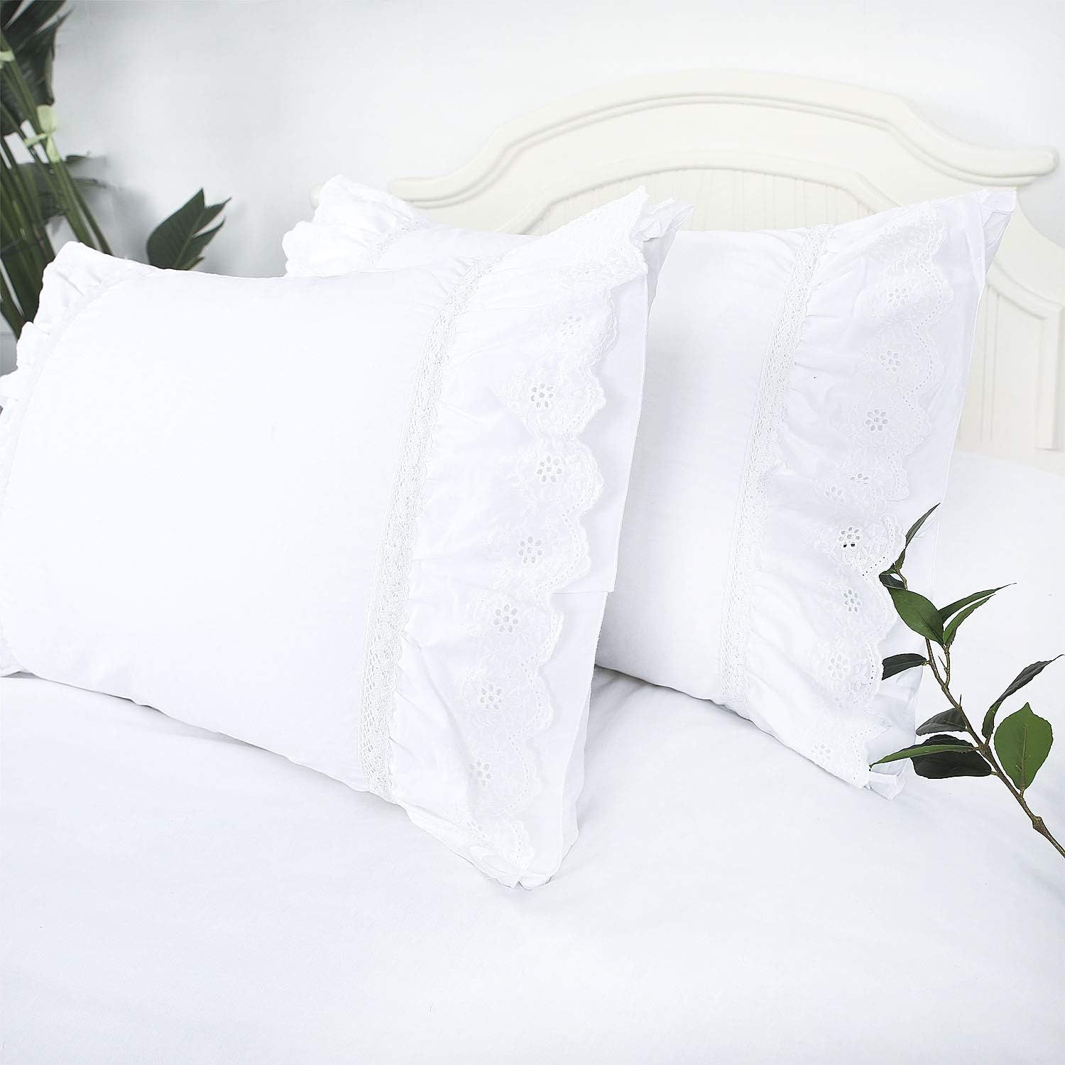 Eyelet Pillow Shams Ruffled King Bright White Shabby Chic Lace Set of 2 Double Layered Ruffle Far... | Amazon (US)