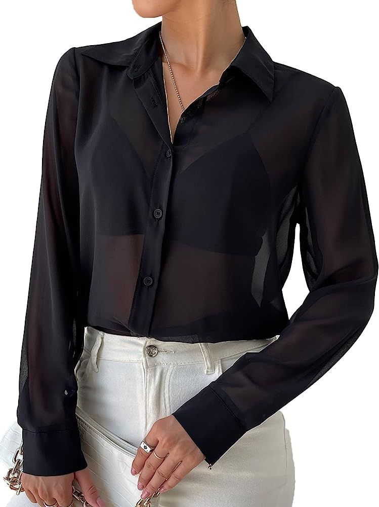 Verdusa Women's Sheer Mesh Button Up Shirt Long Sleeve See Through Blouse | Amazon (US)