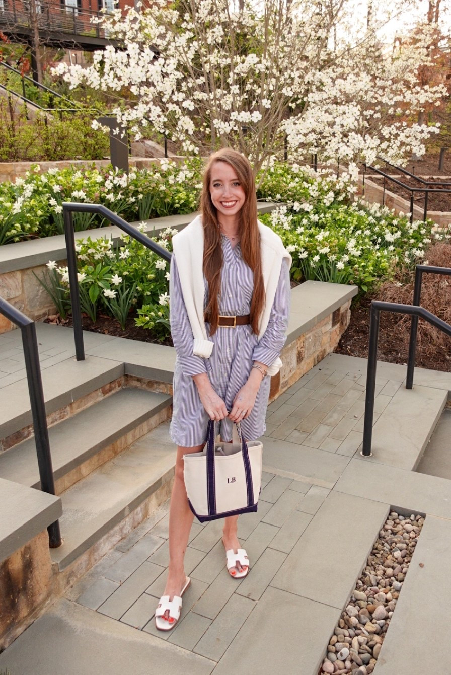 Preppy spring outfit - casual workwear - shirt dress - white sandals - boat and tote 

#LTKStyleTip #LTKFindsUnder50 #LTKFindsUnder100