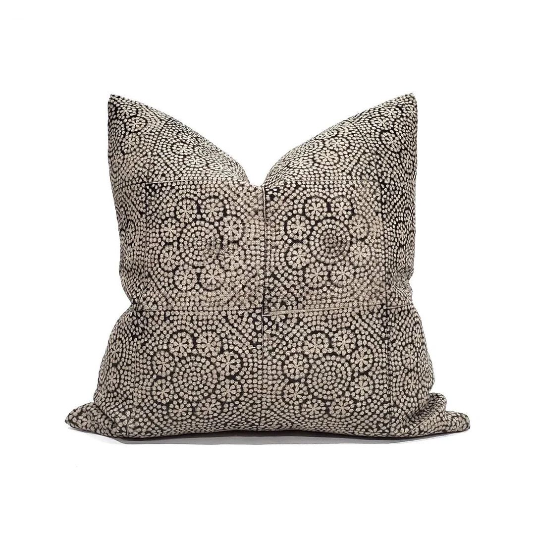Designer pillow, 18"- 24" black on flax flower batik block printed linen pillow | Etsy (US)