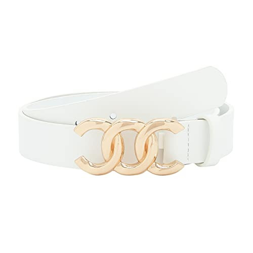 Pettata Women Belt for Jeans Dress Cinch Waist Belt for Ladies White Faux Leather Belt with Gold Buckle | Amazon (US)