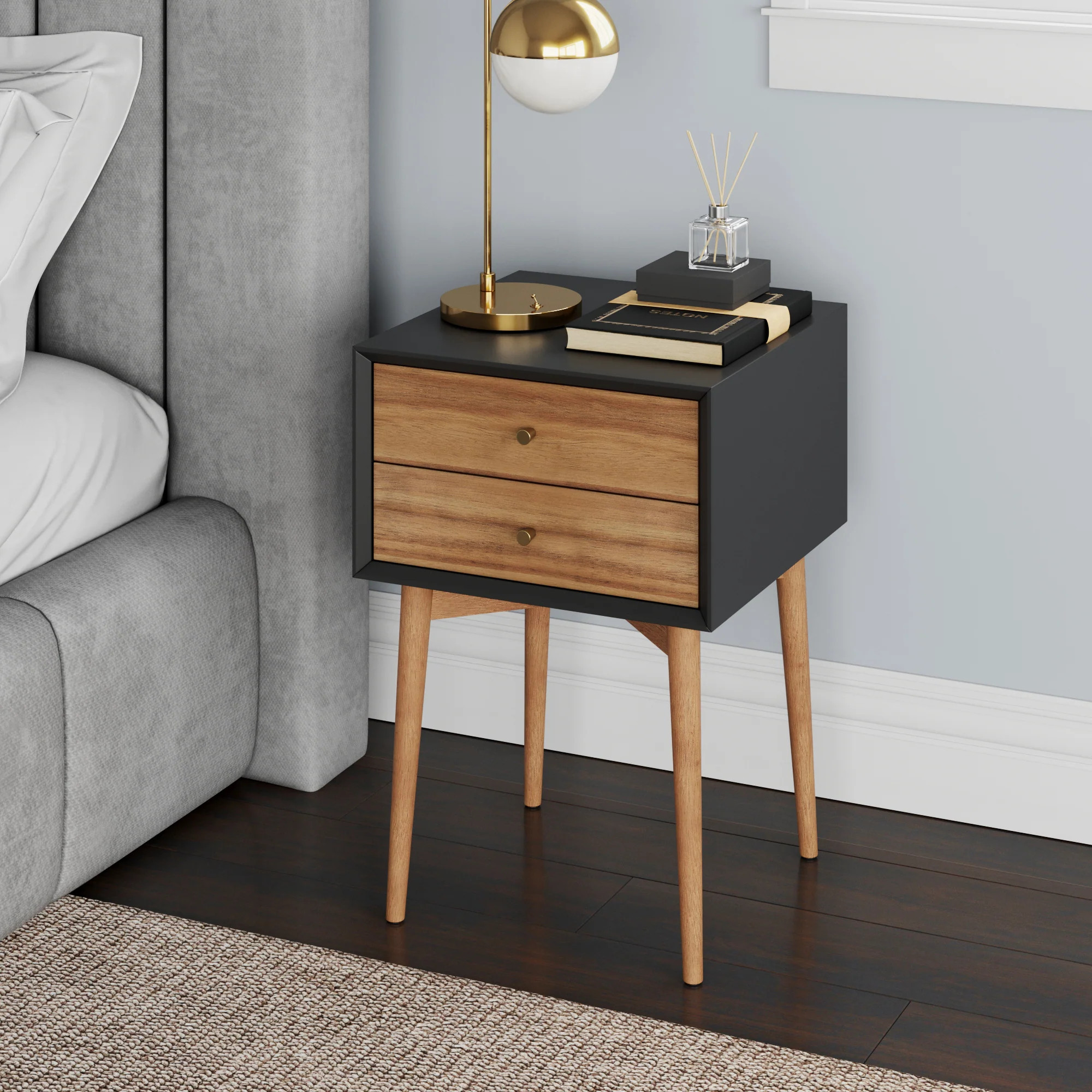 Wood Mid-Century Nightstand Acacia Black | Nathan James