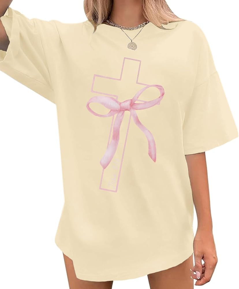 BINTEHGS Christian Faith Cross T Shirts for Women God Oversized Bow Graphic Tshirts Cute Tees Coq... | Amazon (US)