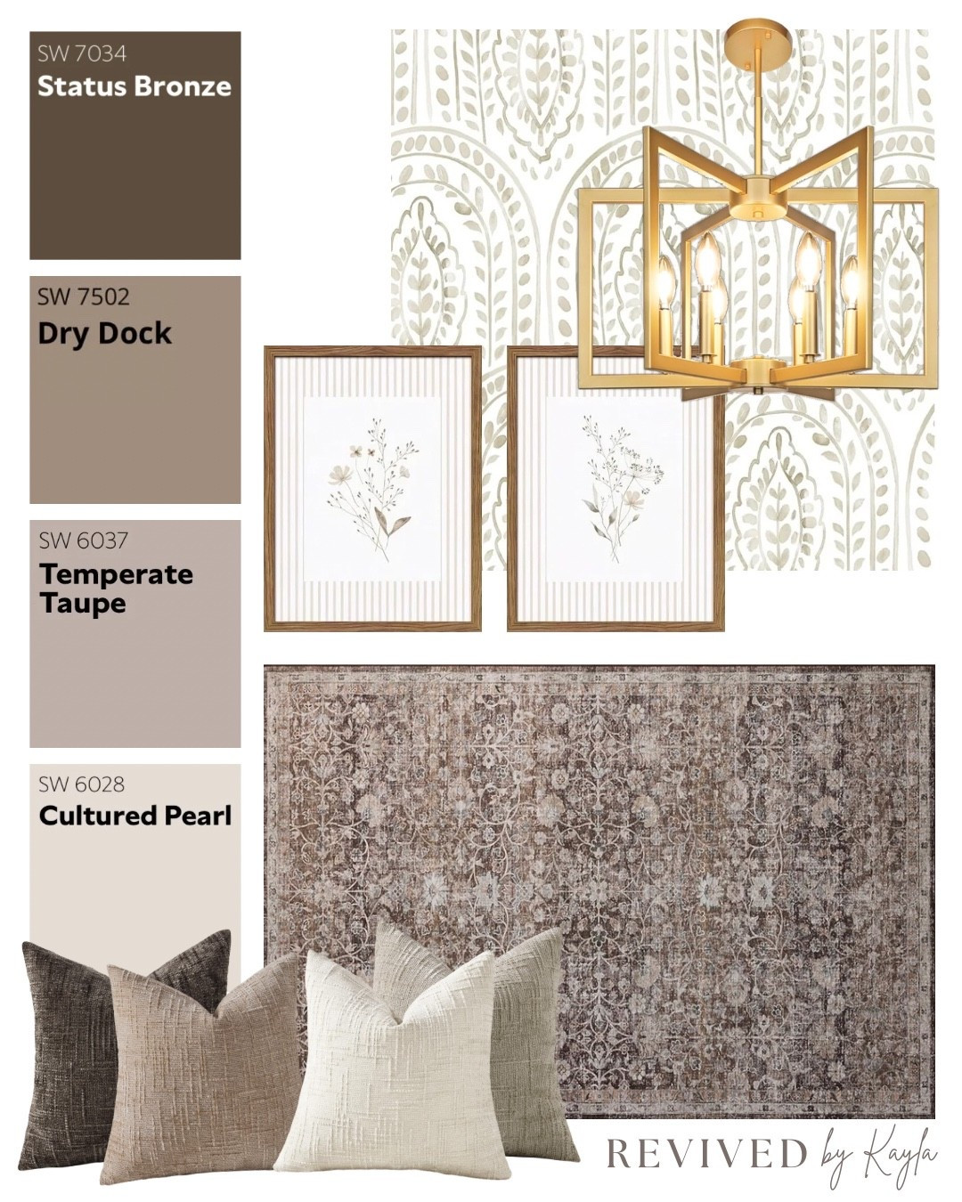 Brown and taupe room design mood board 🤎✨ 

#homedecor #homedesign #interiordesign #roomdecor #livingroom #bedroom #modern #modernhome #gold #browndecor #sherwinwilliams #amazon #amazonhome #cozy #home #rug #curtains #lighting #pillows  

#LTKHome