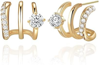 14K Gold Plated Hoop Earrings for Women Triple Huggie Illusion Stud Earring | Double Huggie Hoop ... | Amazon (US)