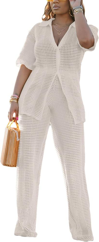 Fooullaide Women's Crochet Sets Two Piece Outfit Knit Hollow Out Color Block Button Down Shirts M... | Amazon (US)