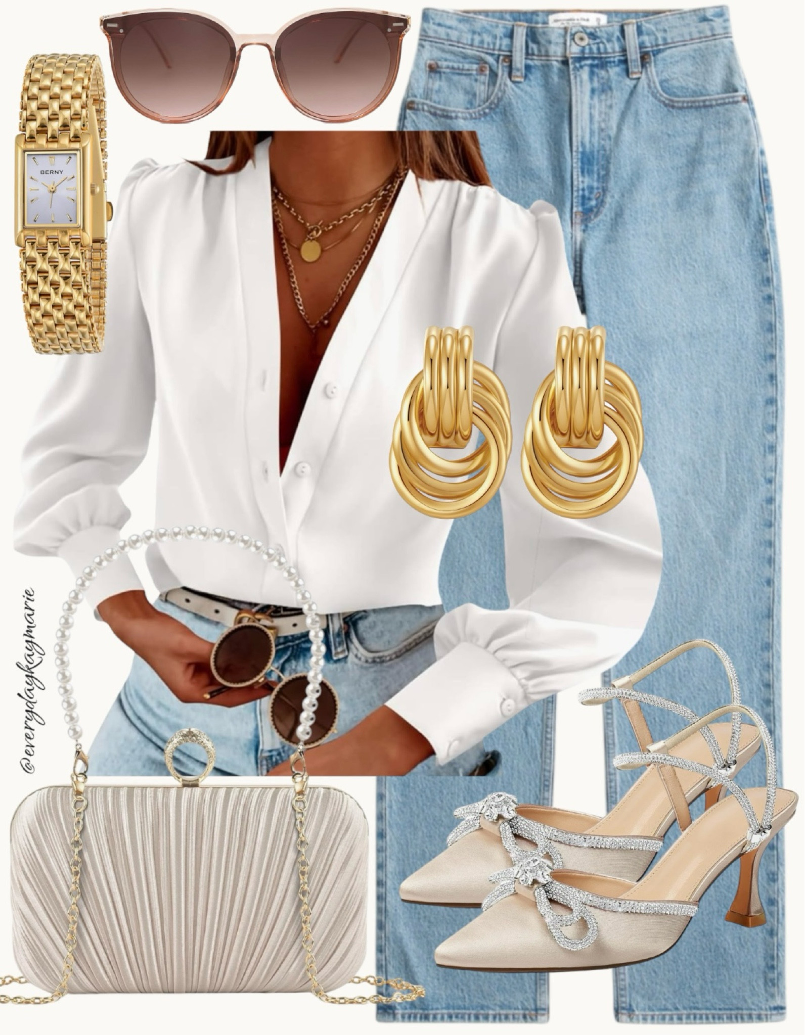 Women’s business attire/fashion inspo! Jeans are Abercrombie and everything else is Amazon🩵

Silk blouse, white blouse, denim jeans, gold jewelry, gold watch and earrings, formal handbag, pointed toe heels, work outfit, classy outfit 

#LTKWorkwear #LTKStyleTip #LTKFindsUnder100