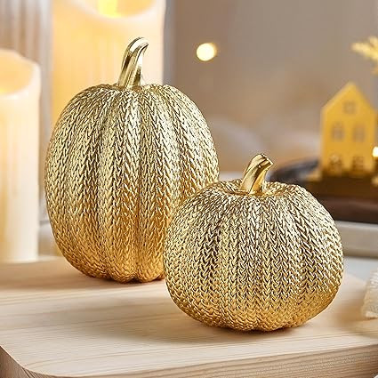 Pumpkin Fall Decor Indoor - Gold Pumpkin for Decorating, 2Pcs Resin Pumpkins Decor with Woven Eff... | Amazon (US)
