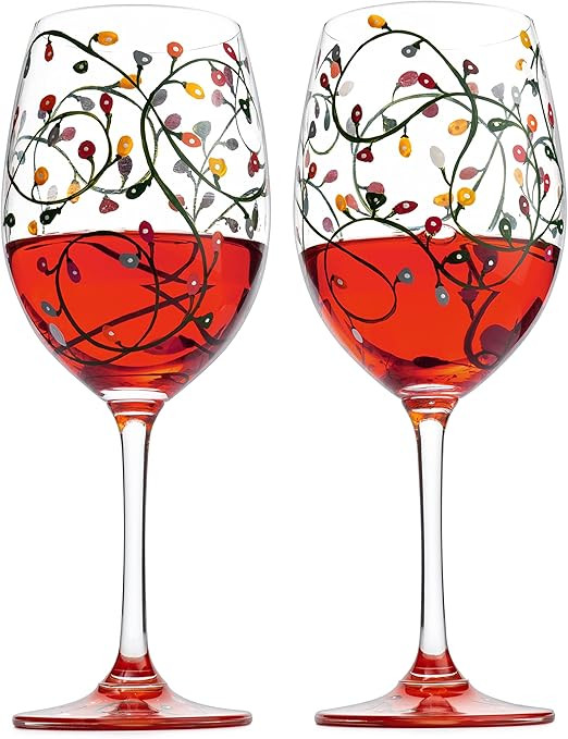 Christmas Holiday Themed Lights Stemmed Wine & Water Glasses - Artisanal Hand Painted Ornament Li... | Amazon (US)