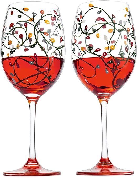 Christmas Holiday Themed Lights Stemmed Wine & Water Glasses - Artisanal Hand Painted Ornament Li... | Amazon (US)