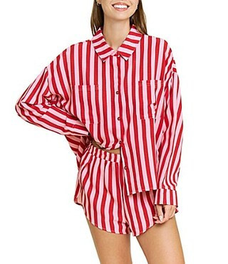 HONEYDEW Brunch Date Woven Holiday Striped Long Sleeve Notch Collar Shorty Pajama Set - S | Dillard's