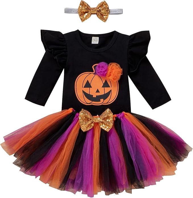 3PCS Baby Girls Halloween Outfits Set Long Sleeve Romper + Tulle Tutu Skirt + Headband | Amazon (US)