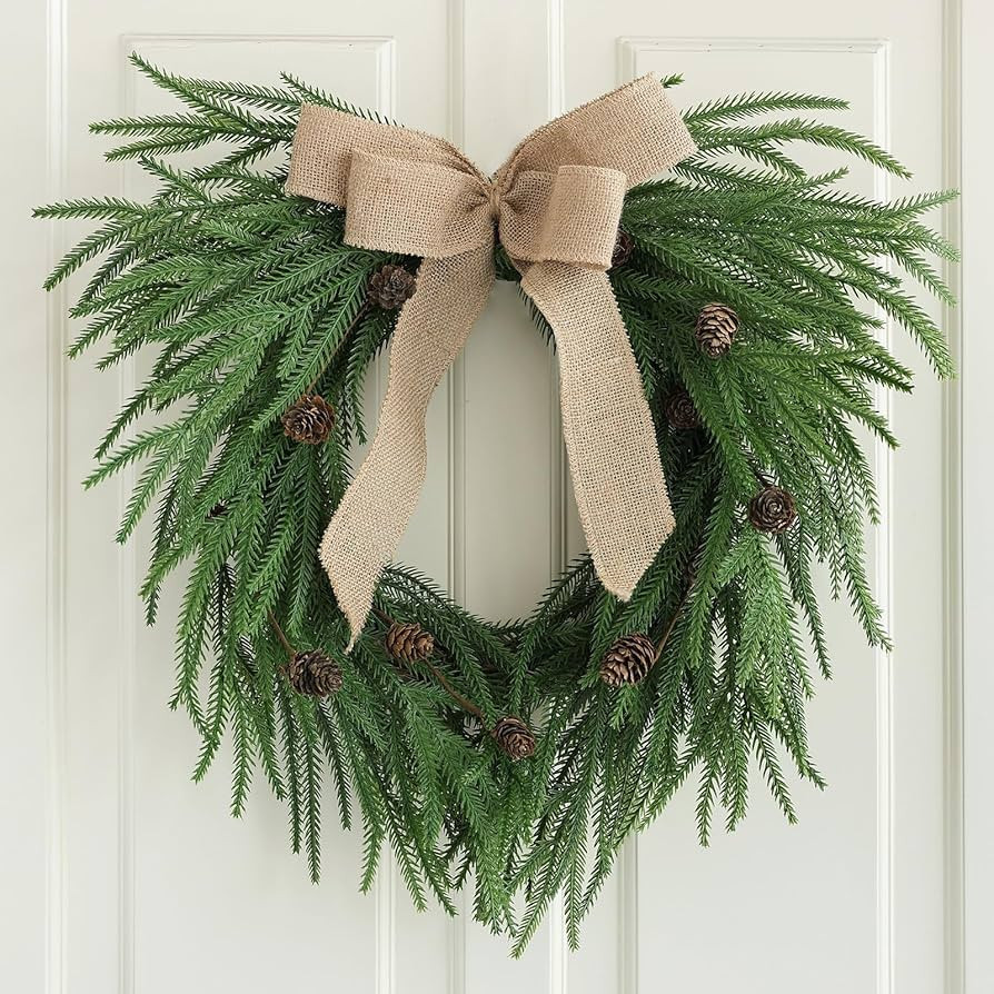 Plain Christmas Norfolk Pine Wreaths for Front Door 20 Inches, Real Touch Heart Xmas Winter Wreat... | Amazon (US)