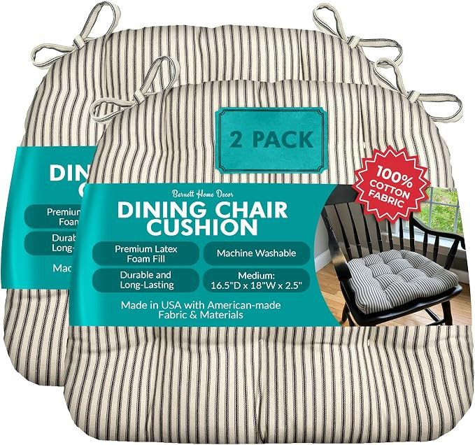 Barnett Home Decor Dining Chair Cushions, 16.5 x 18, Pack of 2 – Ticking Stripe Black – 100% ... | Amazon (US)