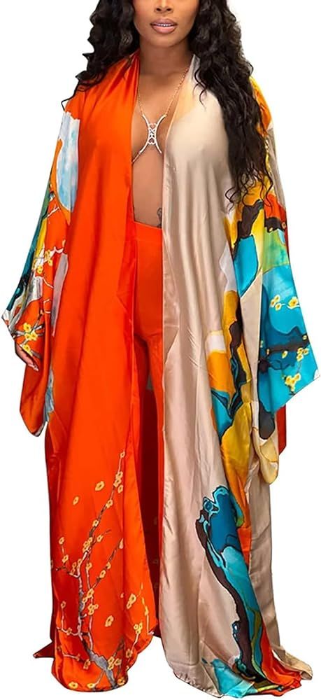 Floral Kimonos for Women Casual Open Front Stain Long Kimono Robes Cardigan Cover Up Plus Size | Amazon (US)