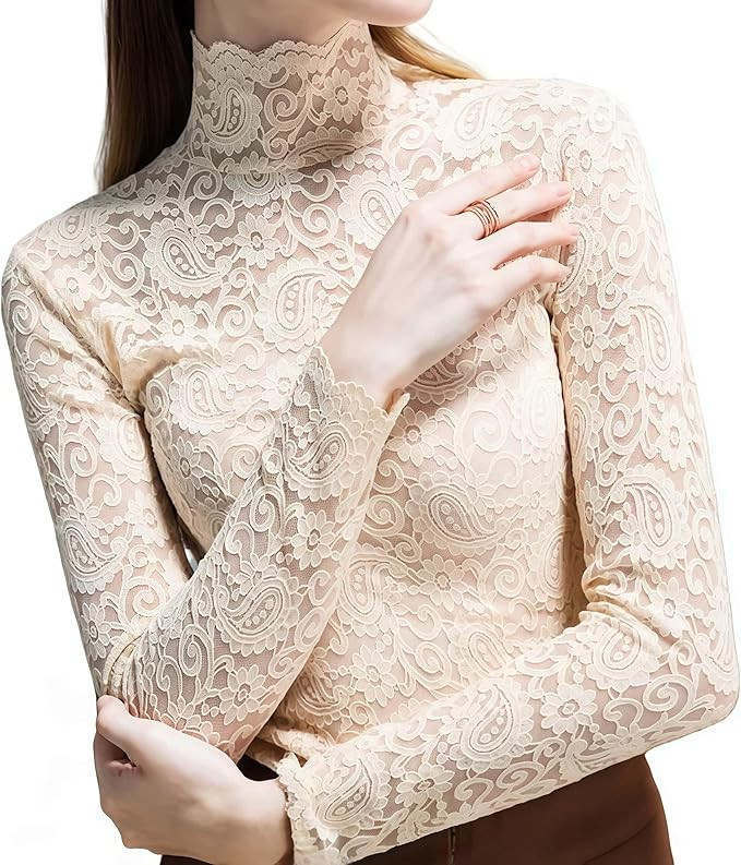 Women's Sexy Slim Fitting Long Sleeved Turtleneck Pullover Bottom Shirt Mesh Lace Perspectives T-... | Amazon (US)