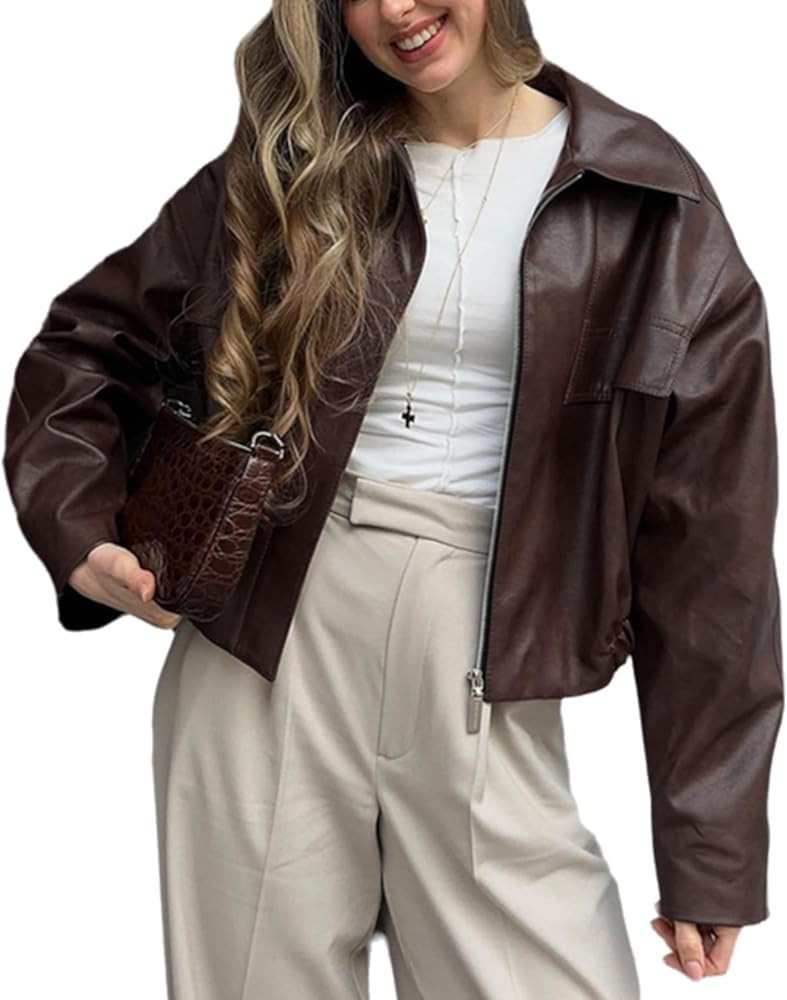 Leather Jacket Women Faux Leather Loose Lapel Zip Up Motorcycle Long Sleeve Coat Bomber Jacket Wo... | Amazon (US)