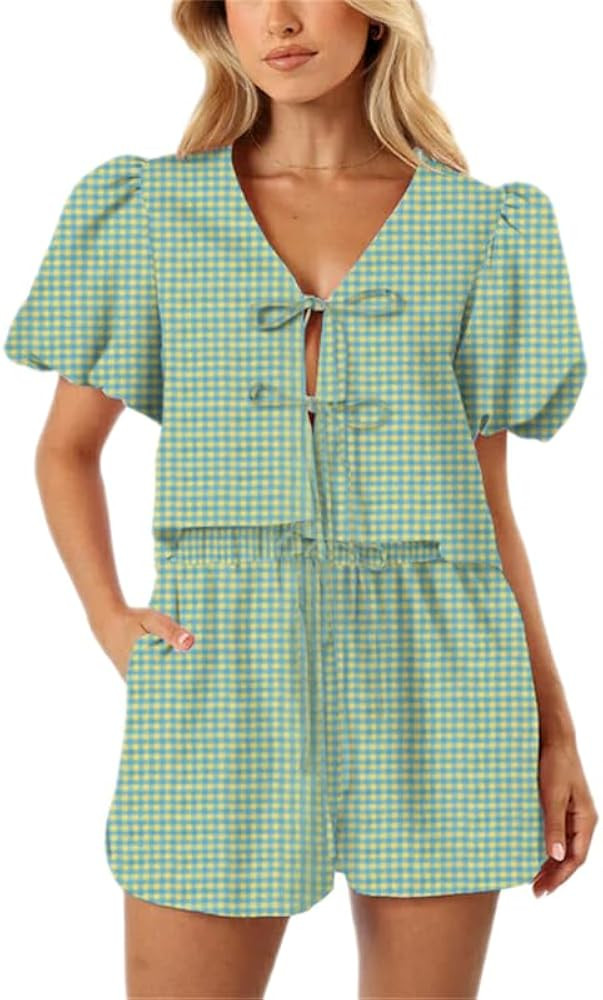 Yuemengxuan Women Y2k Two Piece Plaid Lounge Sets Puff Sleeve Tie front Blouse Top High Waist Sho... | Amazon (US)