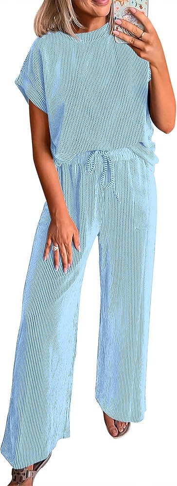 KIRUNDO Womens Summer 2 Piece Outfits Casual Ribbed Knit Short Sleeve Tops Wide Leg Pants Lounge ... | Amazon (US)