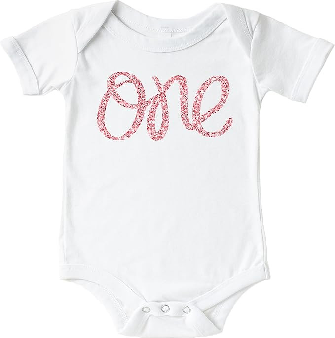 Olive Loves Apple 1st Birthday Onesie Girl Glitter Bodysuit Rose Gold, Pink, Purple, Red, Silver ... | Amazon (US)