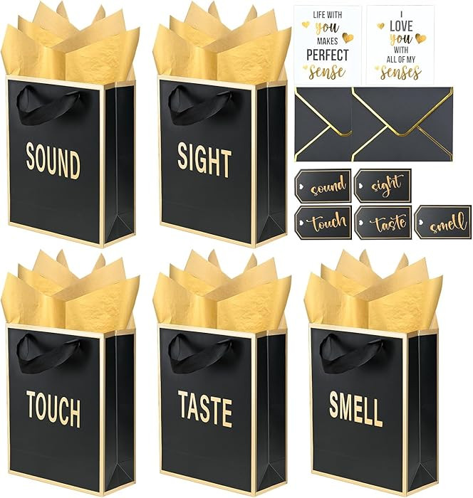 Gold Foil 5 Senses Gift Bags for Him Her with Labels Envelopes and Cards, Five Senses Gift Bags w... | Amazon (US)
