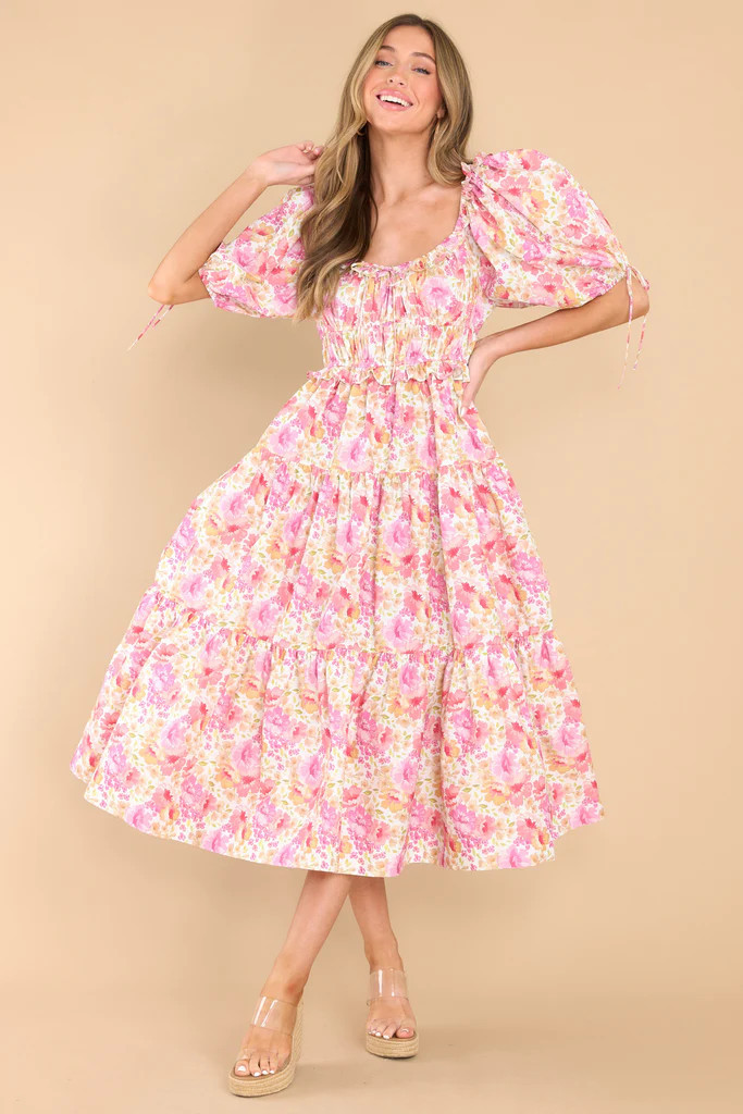 Find The Fun Pink Multi Floral Print Midi Dress | Red Dress 