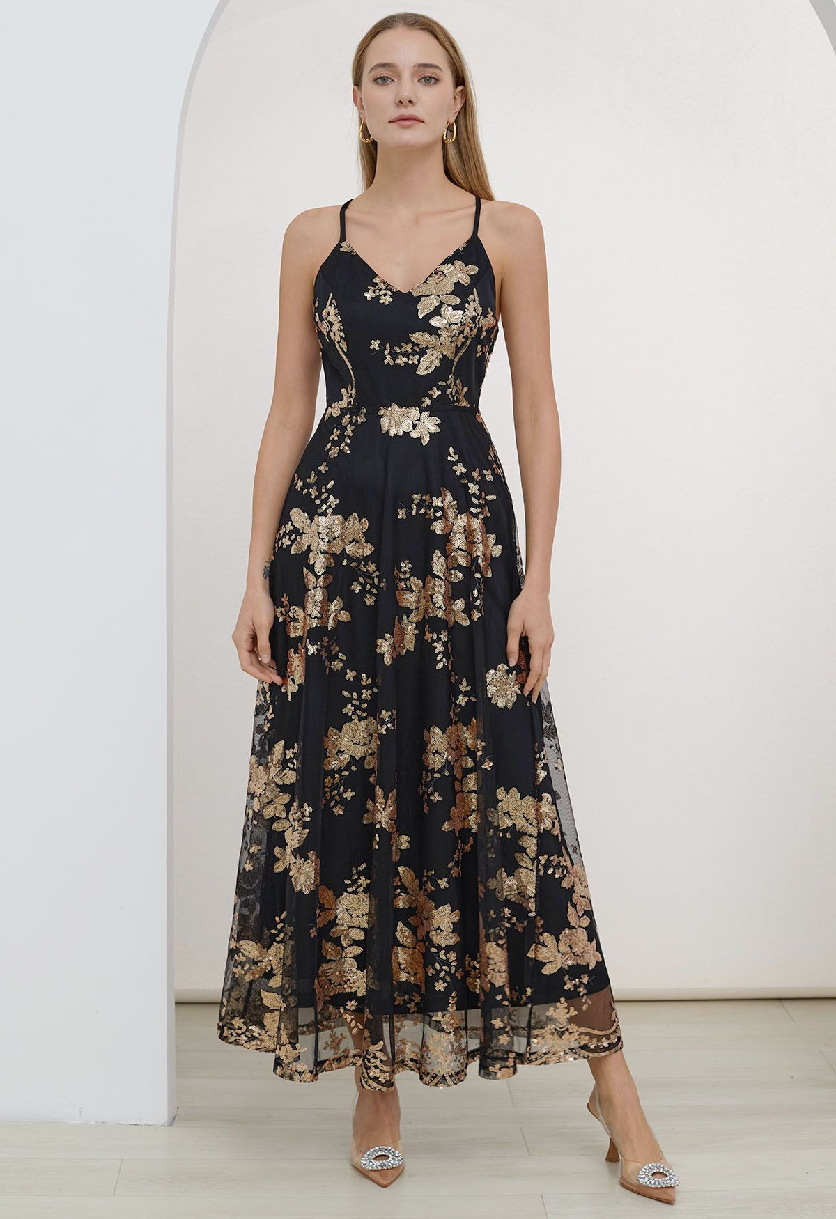 Sequin Flower Crisscross Back Tulle Cami Dress | Chicwish