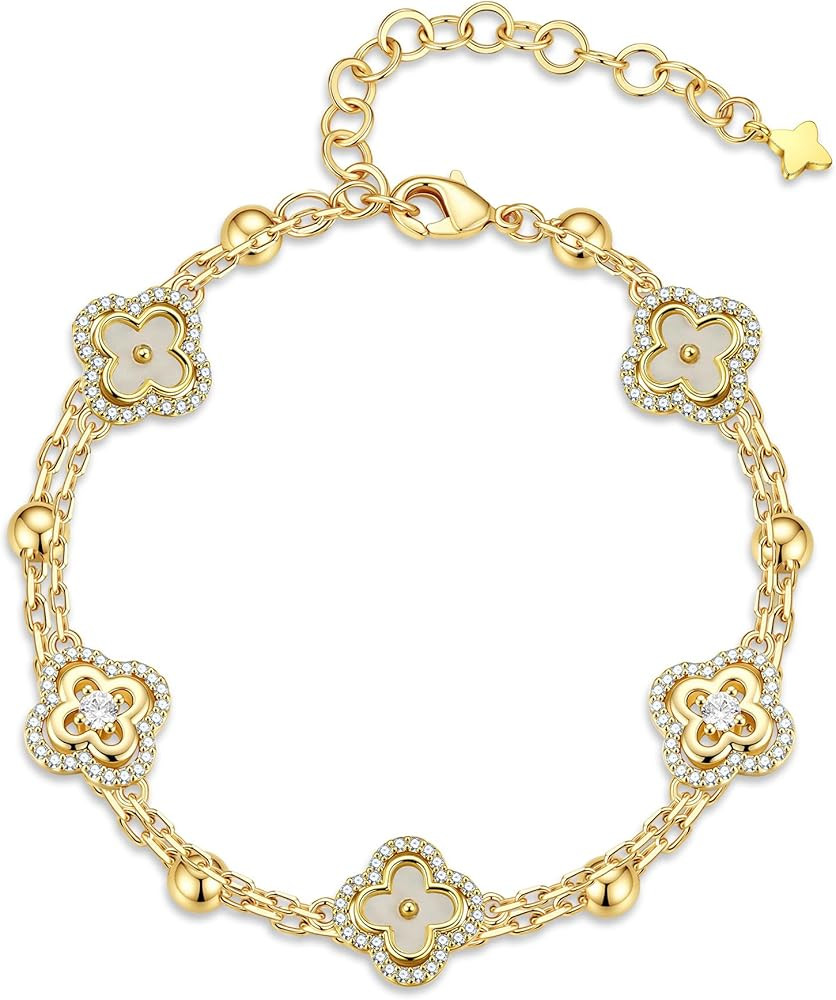Turandoss Clover Bracelets for Women - Dainty 14K Gold Plated CZ Bracelets Colorful Four Leaf Clo... | Amazon (US)