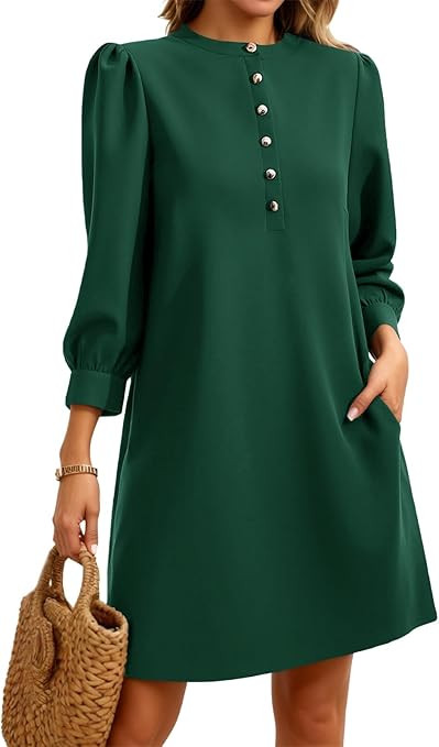 Wenrine Womens 3/4 Puff Sleeve Mini Dress Button Crewneck Elegant Casual Business Shift Dresses 2... | Amazon (US)