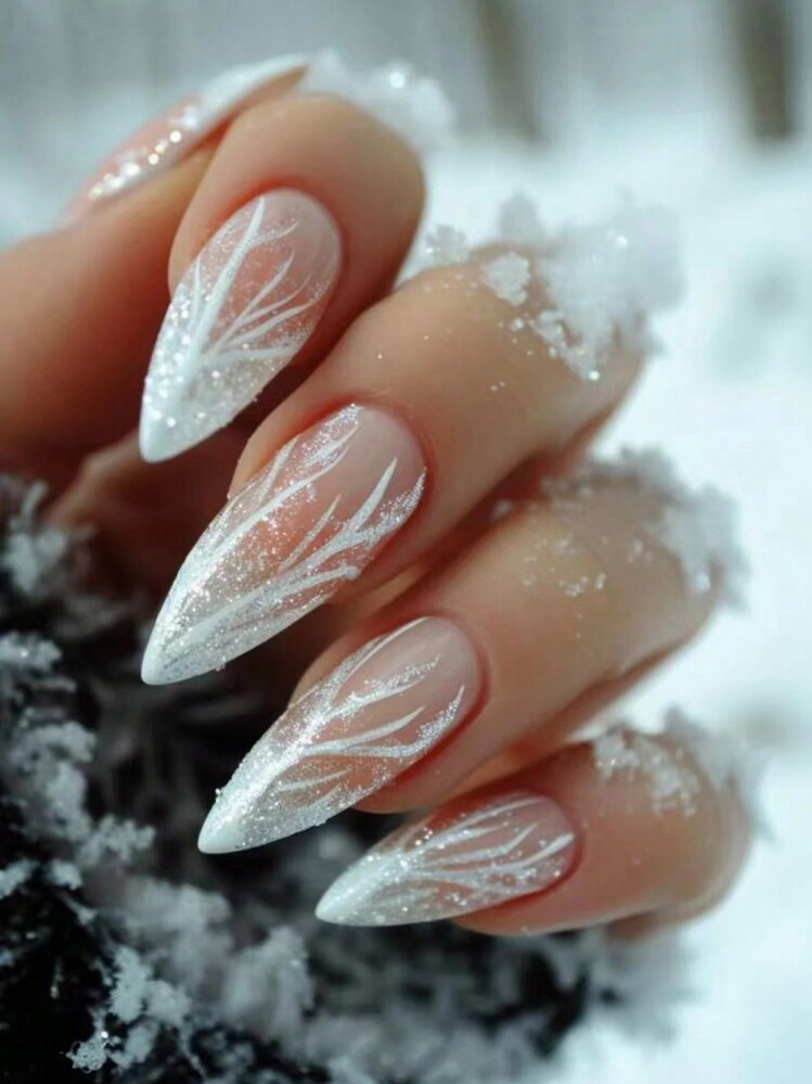 Upgrade Your Style, 24 Pcs Medium Almond Shape Minimalist Glamorous Winter Holiday Vibe White Deer Horn Ombre Glitter Full Cover Fake Nails, Suitable For Christmas & Autumn/Winter Wear Press On Nails Nail Supplies Nails | SHEIN