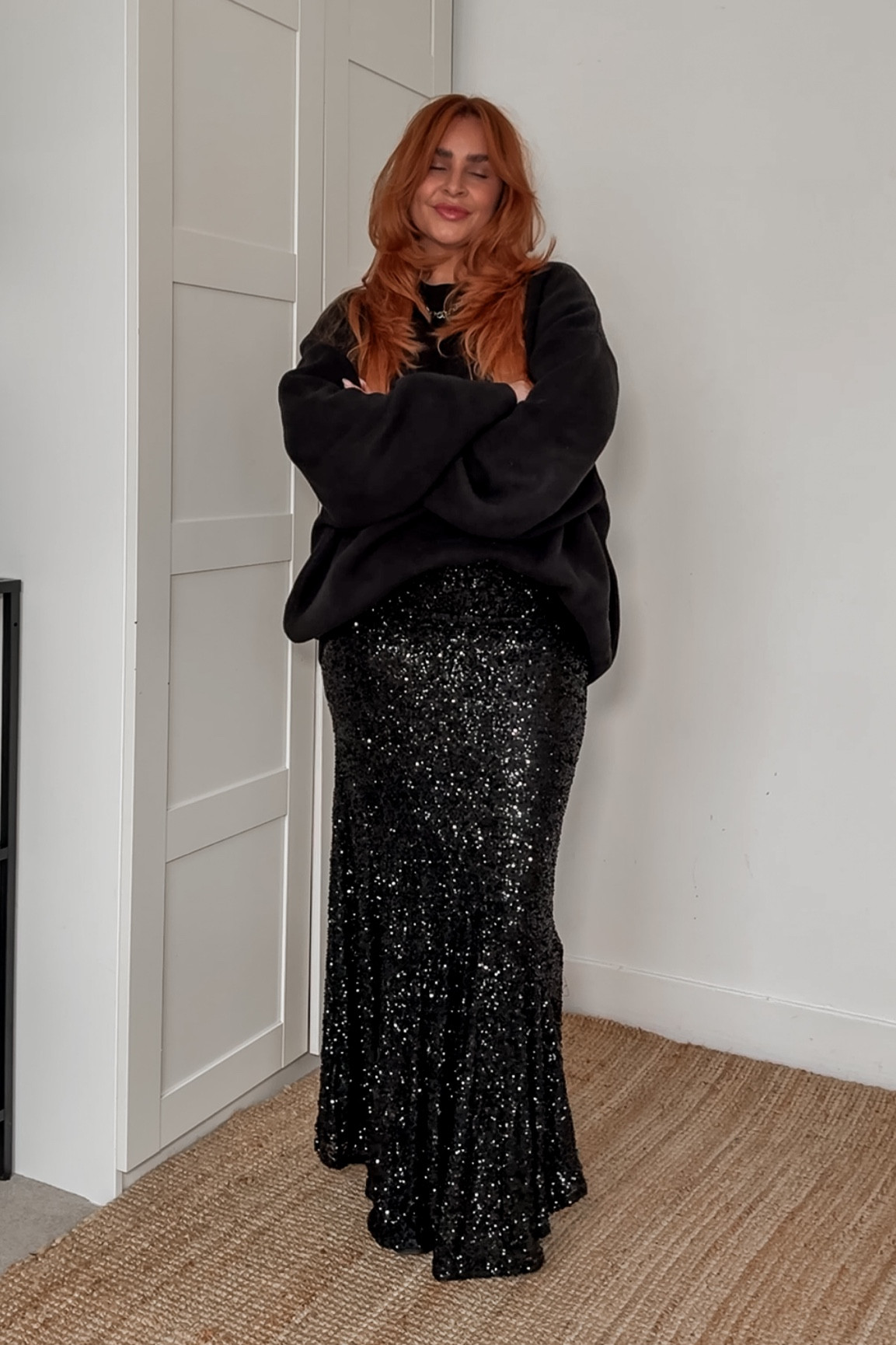 Black sequin dress as maxi skirt & oversize black jumper 
