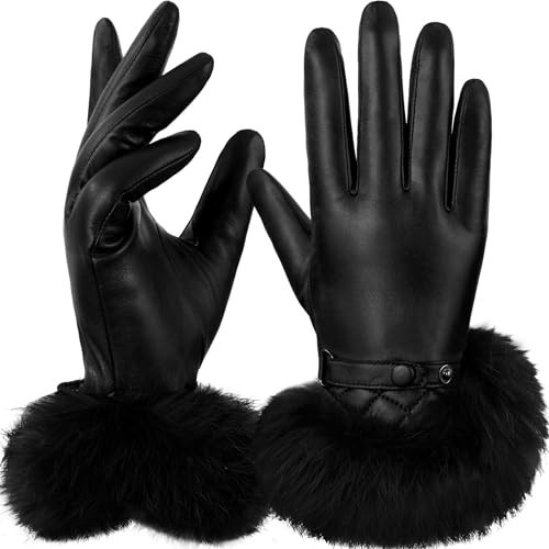 GSG Womens Luxury Italian Genuine Nappa Leather Gloves Fashion Fur Trim Full Palm Touchscreen Winter Warm Gloves Black 7.5 | Amazon (US)