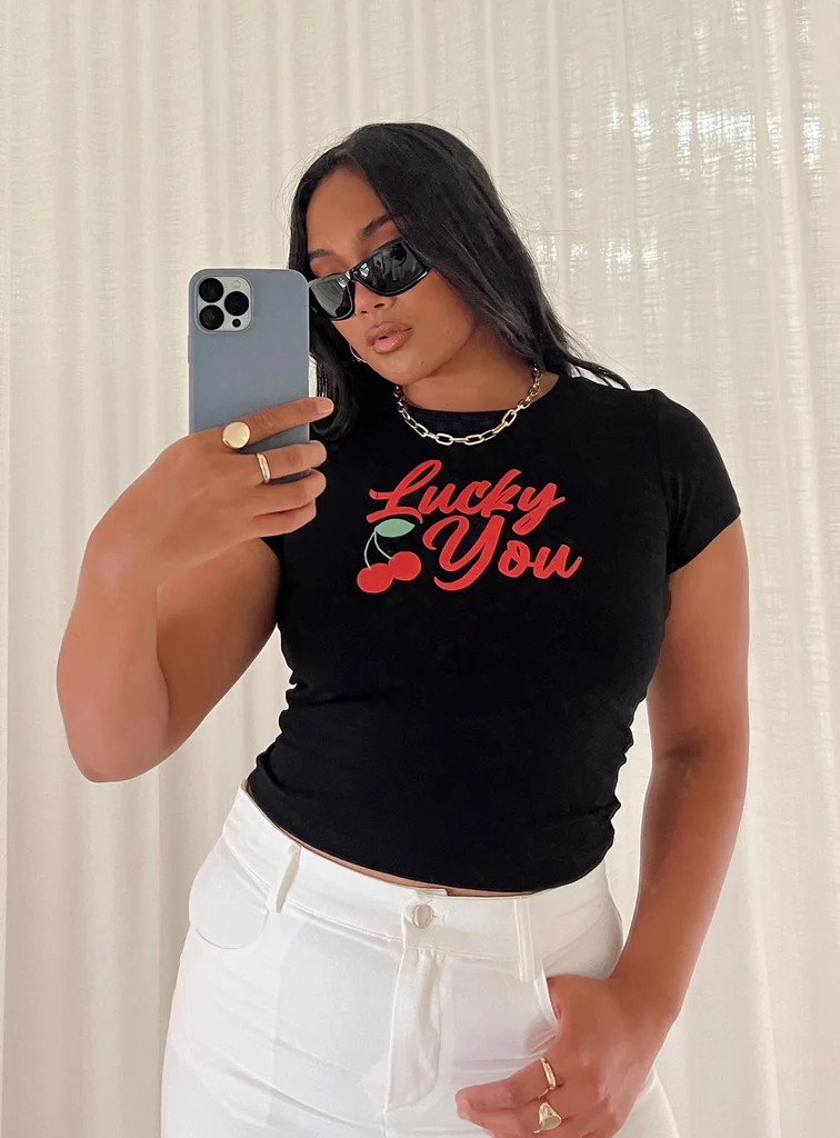 Lucky You Cherry Tee Black | Princess Polly US