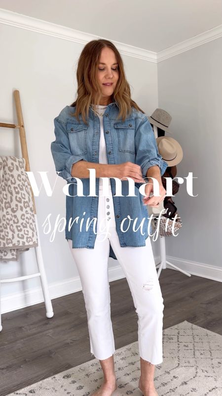 Walmart spring outfit idea🌼love a denim shirt + white jeans combo. These $20 jeans fit like a glove and I’m loving the high low detail on this chambray. Add these luxe looking $15 sandals for the perfect finishing touch. 

Walmart fashion finds, Walmart style, Walmart outfit, spring outfit idea, classic style, timeless fashion, how to style white jeans, casual spring outfit, brown sandals, affordable fashion, inclusive fashion 



#LTKover40 #LTKSeasonal #LTKVideo