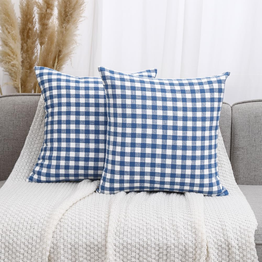 CARRIE HOME Farmhouse Plaid Light Blue Throw Pillow Covers 18x18 Set of 2, 18 x 18 Blue and White... | Amazon (US)