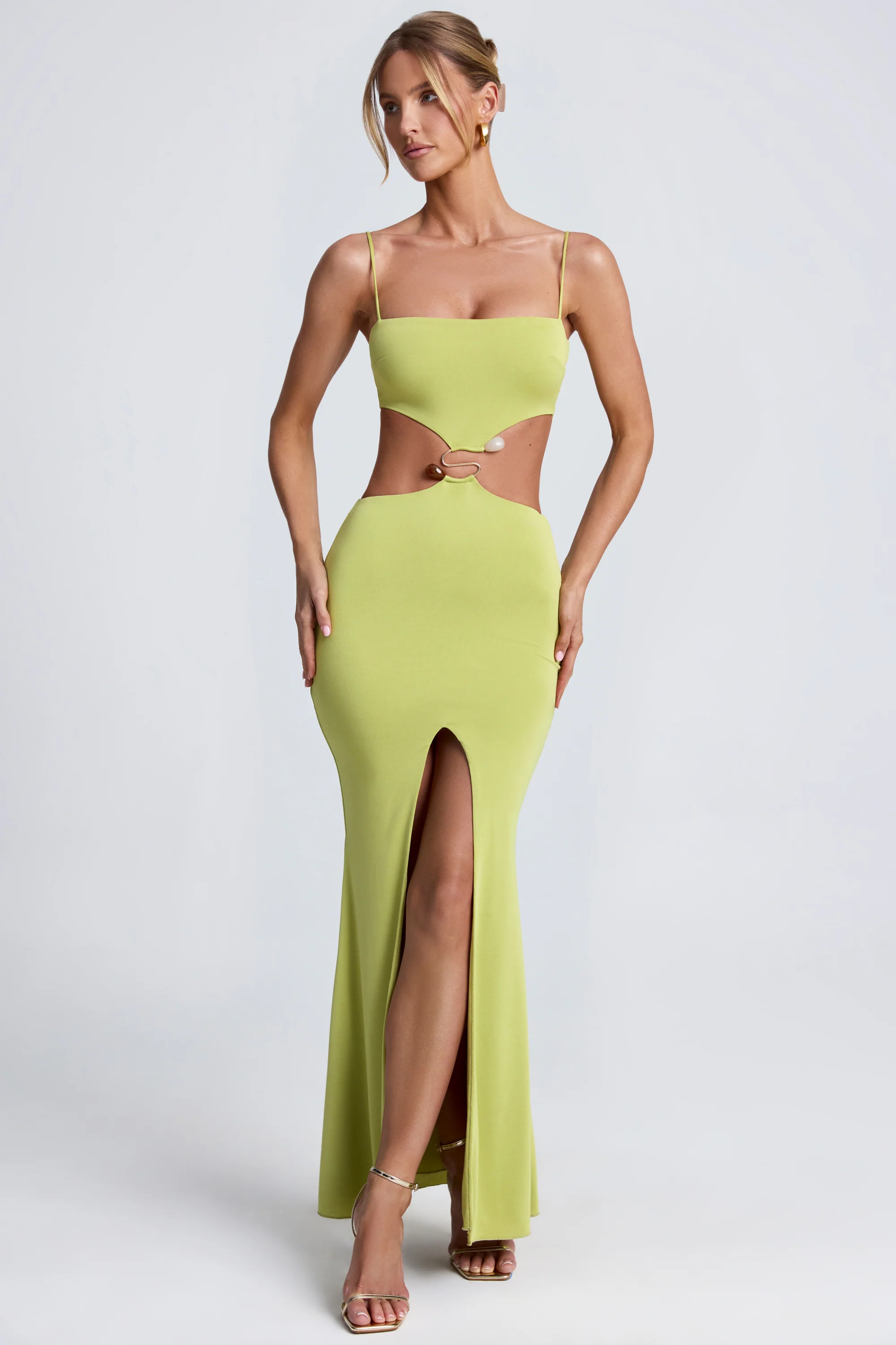 Hardware Detail Cut-Out Maxi Dress in Olive Green | Oh Polly
