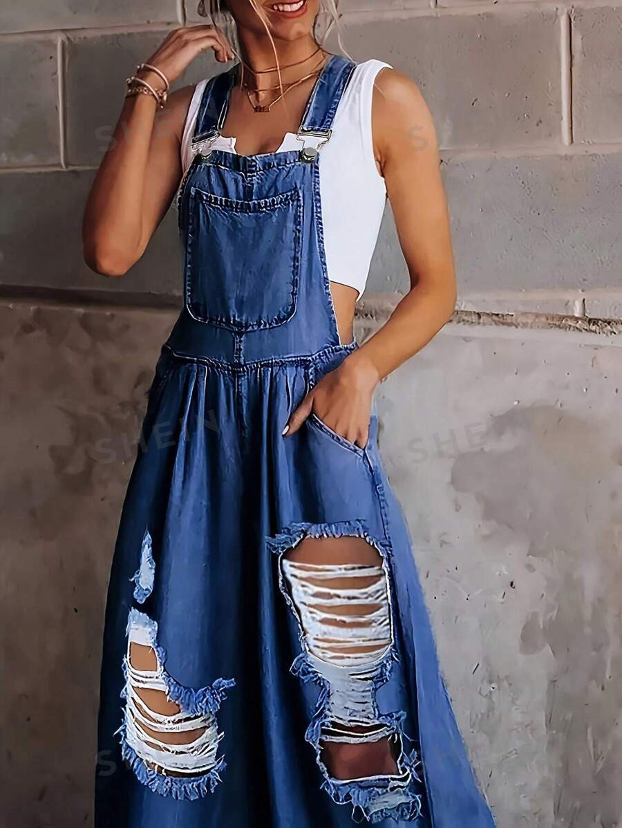 Wide Leg Distressed  Dungarees Jumpsuit Without Sleeve | SHEIN