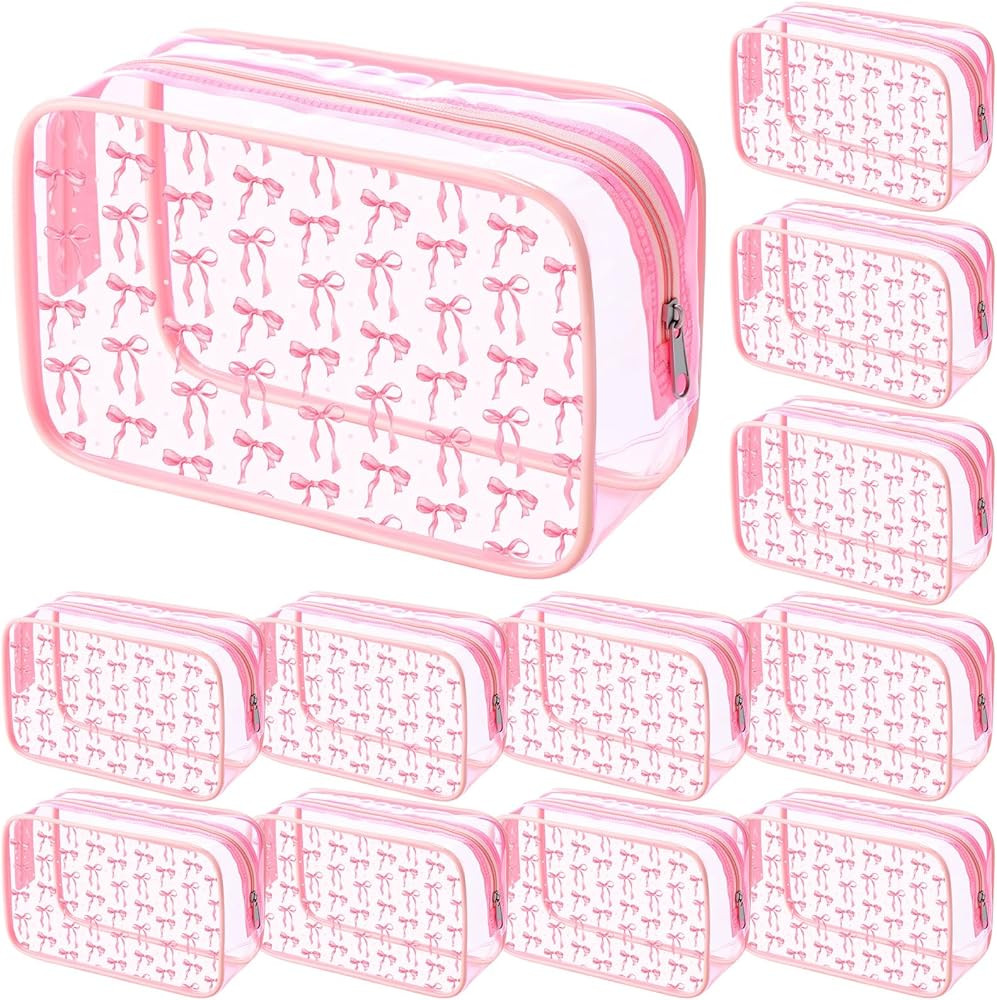 Kacctyen 12 Pcs Pink Bow Clear Cosmetics Bag Coquette Preppy PVC Makeup Bag Bulk Zippered Travel ... | Amazon (US)